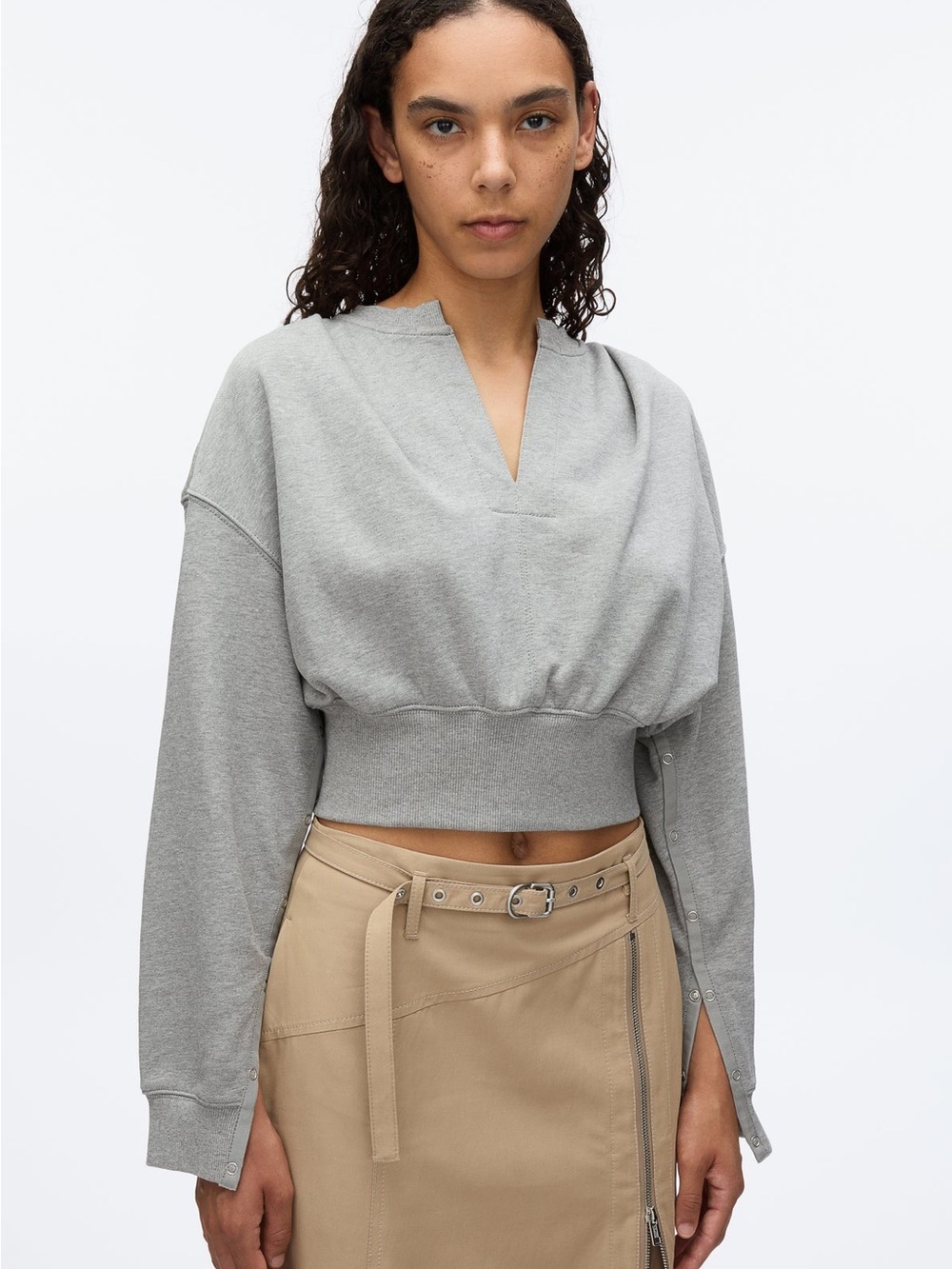 NWT 3.1 Phillip Lim Long Sleeve Cropped Sweatshirt With Snaps Gray Melange S